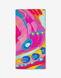 The Abundance bar towel by Sareka Unique features bold swirls, circles, and curved patterns in pink, blue, yellow, orange, and light green on soft Geoweave™ fabric—an eye-catching abstract design for your bar or kitchen.