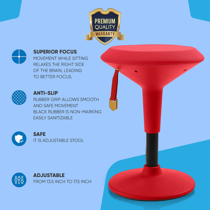 Red adjustable wobble chair for kids, Office Logix Shop, anti-slip base on blue background