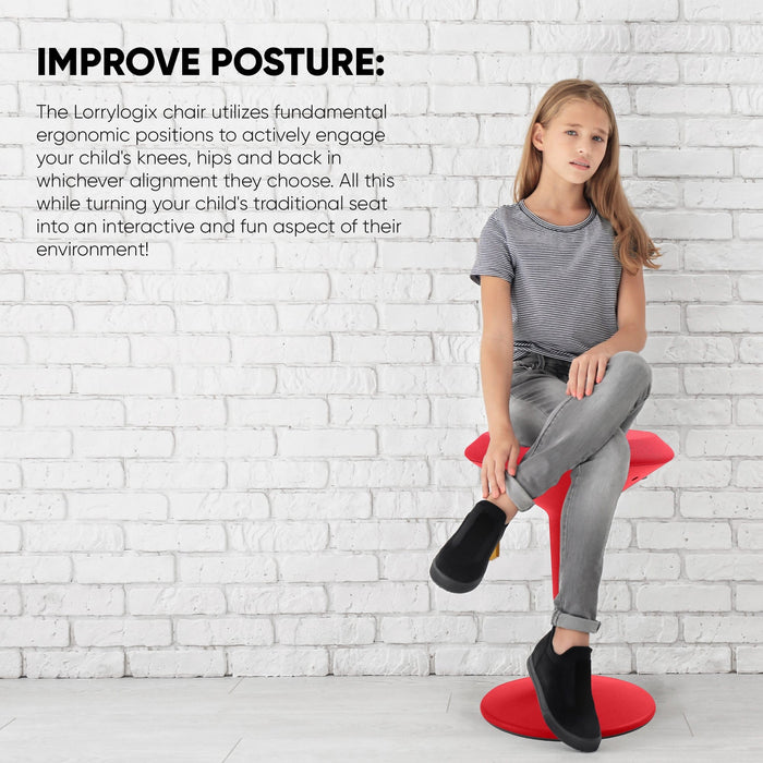 Kid sitting on a red adjustable wobble chair for kids by Office Logix Shop against white brick wall