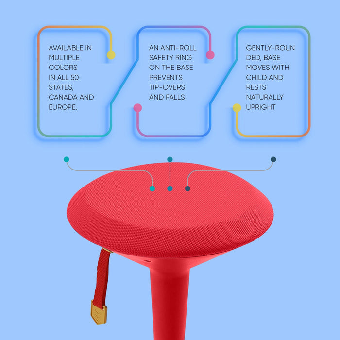 Red adjustable wobble chair for kids with safety ring, shown against blue background; Office Logix Shop product.