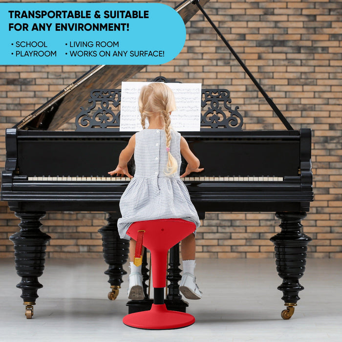 Child sitting on red adjustable wobble chair playing piano in modern room, Office Logix Shop