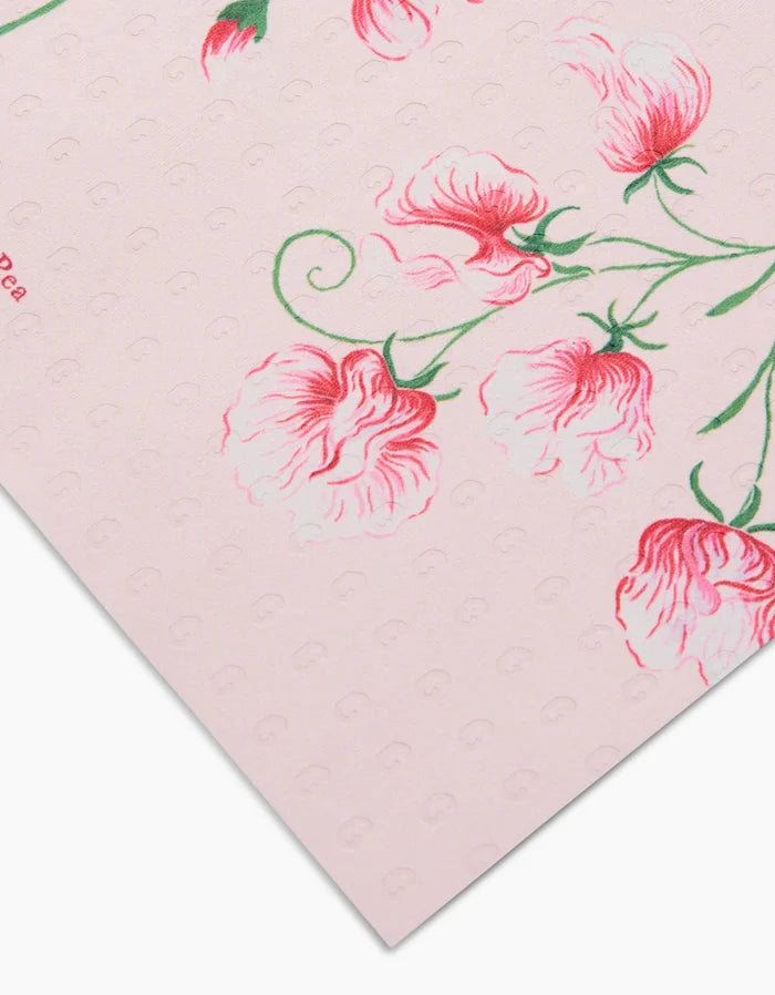 April Sweet Pea by Linda Fox is a pale pink sheet featuring red and pink sweet pea flowers with green stems and a subtle embossed dot texture—an eco-friendly alternative to traditional Not Paper Towels.