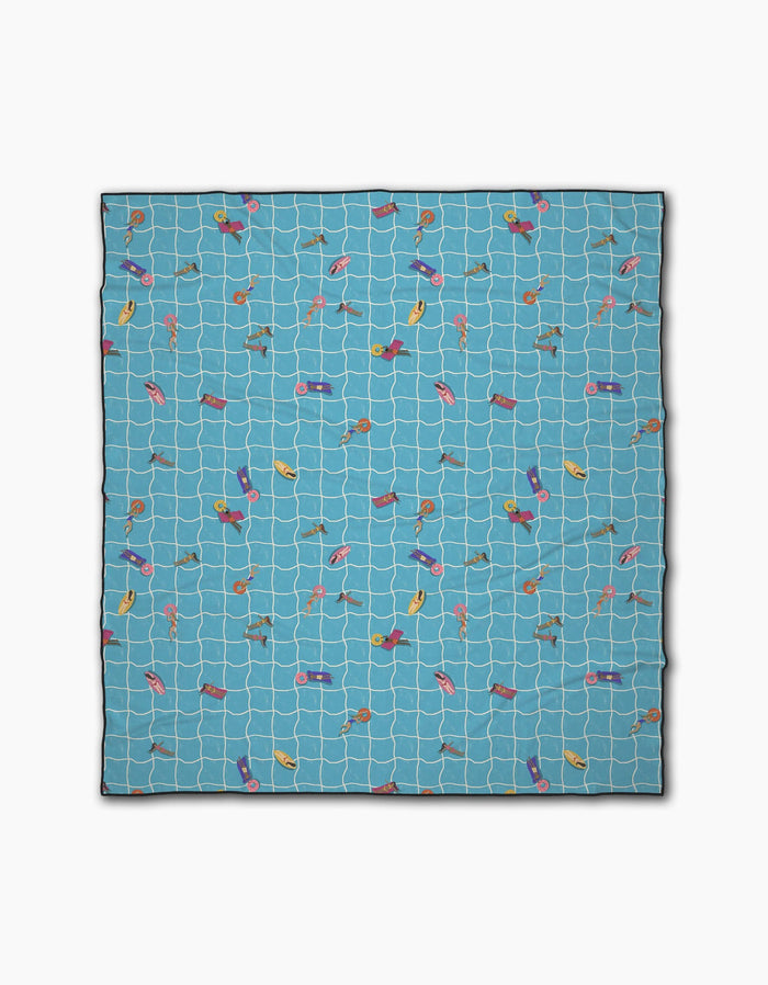 The At The Pool beach blanket by Geometry features a swimming pool tile pattern with people relaxing, swimming, and floating seen from above. Quick-drying and made from recycled materials for eco-friendly fun.