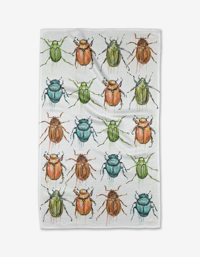 The Beetles by Taryn Brennan is a white cloth with a vibrant grid of green, orange, and blue beetle illustrations, crafted from ultra-absorbent Geoweave fabric for outstanding performance.