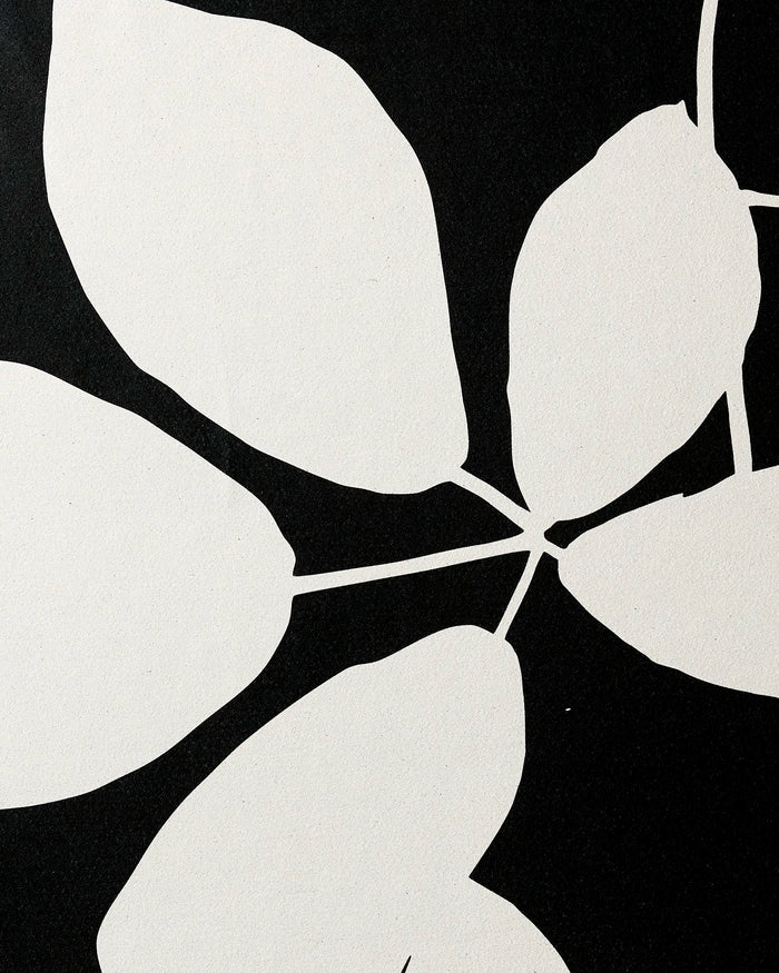 The Blackberry by PrintedPlant features an abstract black and white design with five large, white, leaf-like shapes radiating from the center—evoking calming yoga towel patterns against a deep black background.