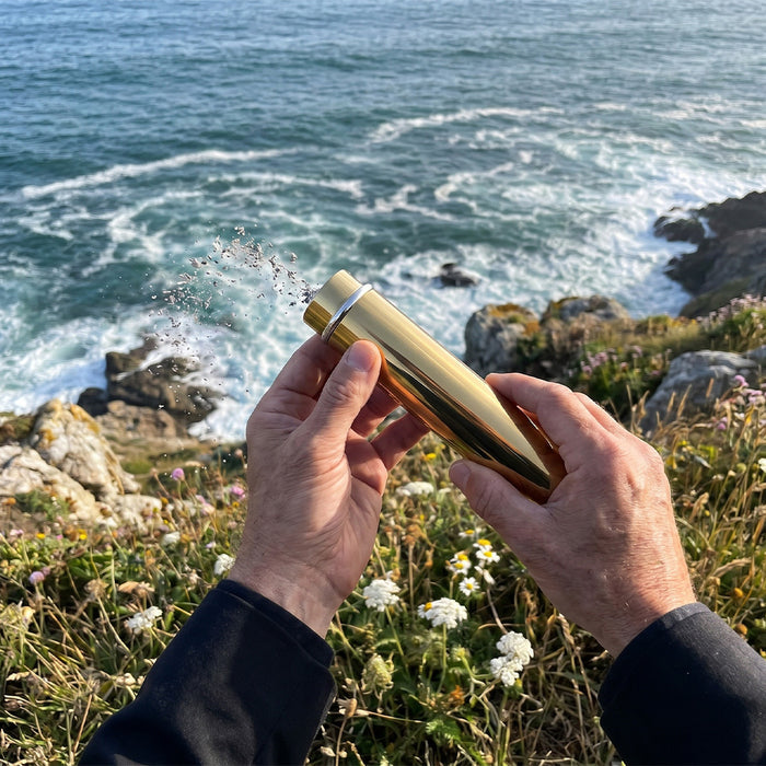 Person holding a gold-colored object by the ocean with waves crashing against rocks.