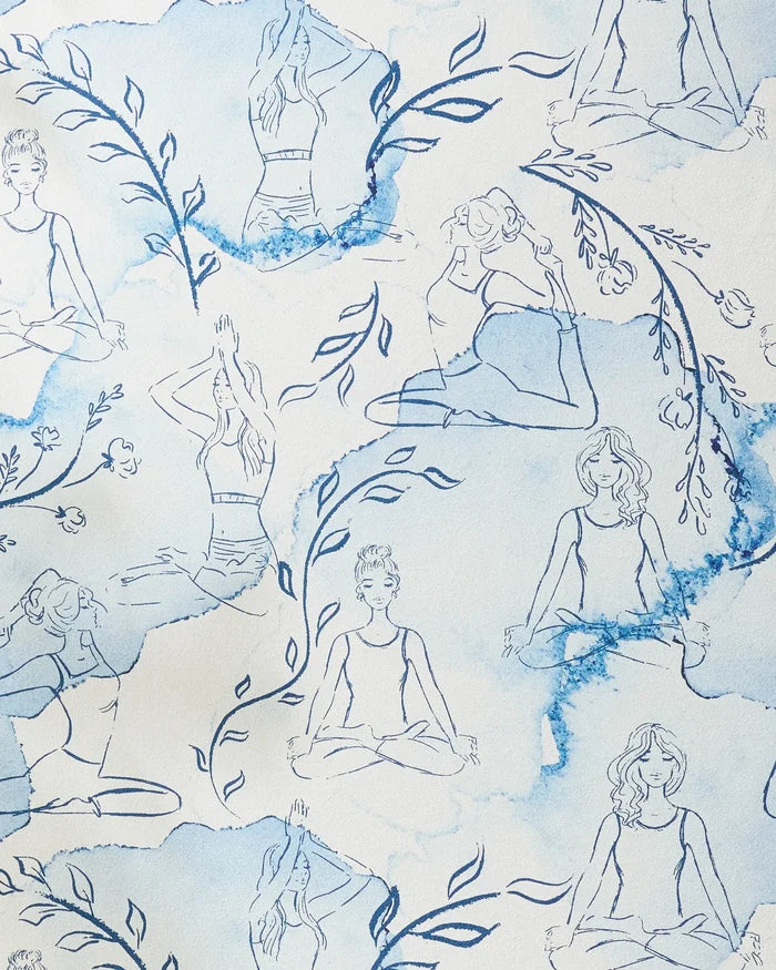 Breathe In Breathe Out" by Elena Fay features line drawings of women in yoga poses on a blue and white watercolor background with leafy vines—an inspiring, eco-friendly yoga towel.