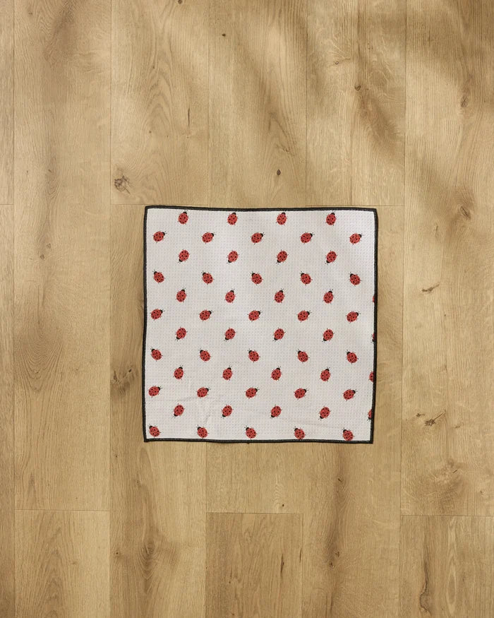 The Geometry Bugsy Paw Towel, a white square with small red ladybugs and a black border, is laid flat on a light wooden floor.