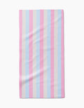 The Candy Pastels Bar Towel by Amy Droubay features vertical stripes in light blue, light pink, and white, inspired by the transgender pride flag, and is made from ultra-absorbent Geoweave fabric. Shown on a white background.