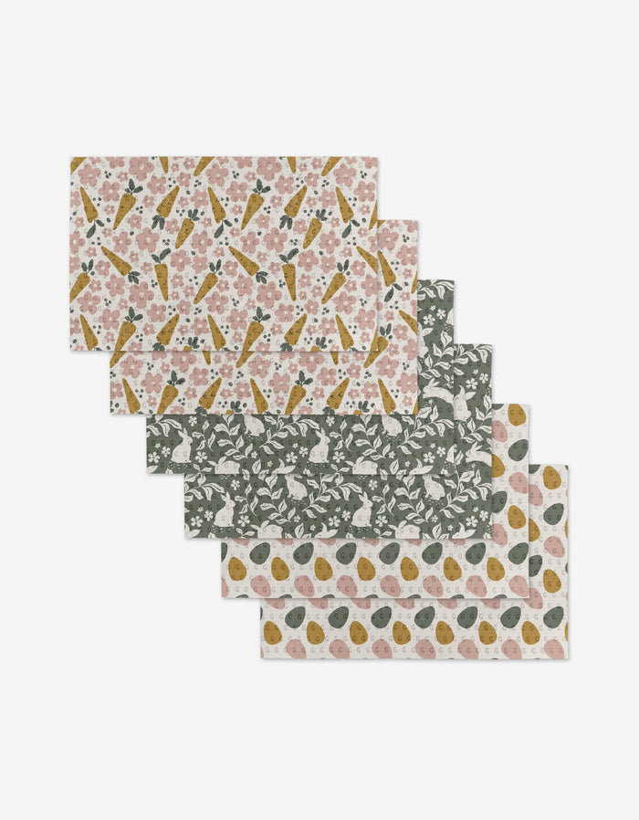 Carrot Patch by Charlie Rowan Designs: a set of six reusable, eco-friendly cloths with pink carrots & flowers, green leafy vines, and white with brown/green fruit patterns. Not Paper Towels!.