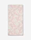 The Cat Lover bar towel by Hufton Studio is a white rectangle made from Geoweave fabric, featuring a repeating pattern of red, stylized cheetahs in various poses with minimalistic outlines.