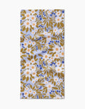 The Lisa Nelson Chamomile And Blue bar towel features a floral print with mustard yellow leaves, white flowers with orange centers, and blue berries on white Geoweave fabric for superior absorbency.