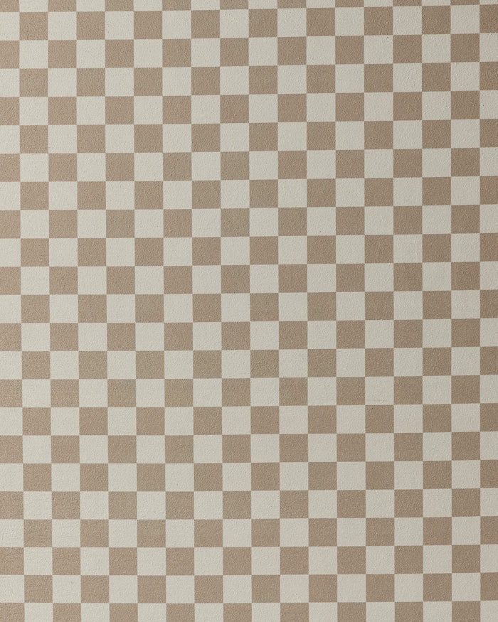 The Chic Checker by Geometry features a simple, repetitive geometric pattern of small beige and off-white checkerboard squares—ideal for a non-slip or recycled yoga mat towel.