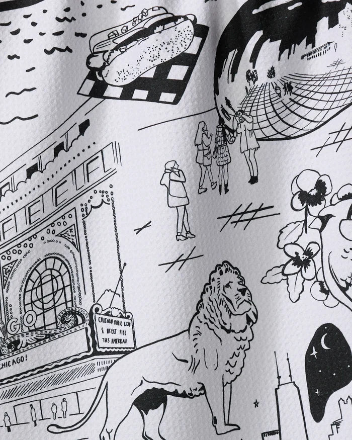 The "Chicago" kitchen towel by Elisabeth Wing features black and white sketches of city landmarks like the Bean, lion statue, Willis Tower, hot dog, and theater marquee—printed on recycled materials.
