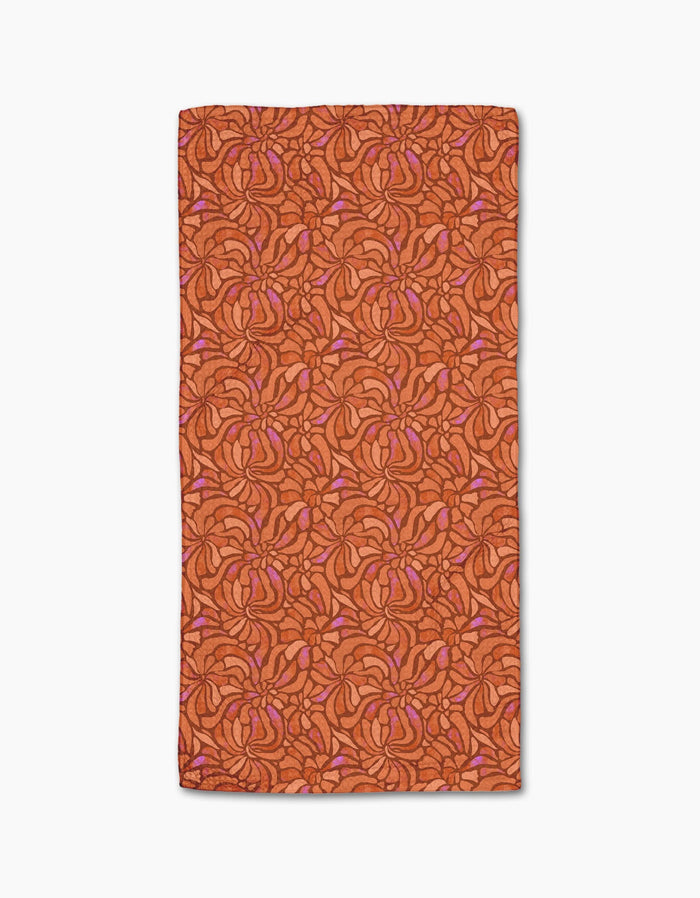 Coral Swirls by Geometry: a rectangular orange bar towel with swirling lines and abstract shapes in dark orange and light purple, crafted from premium Geoweave fabric, displayed on a white background.