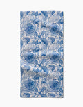 The Crowberries bar towel by Katie OShea features a blue floral and leaf pattern on white Geoweave fabric, with intricate repeating botanical designs and visible fabric folds.