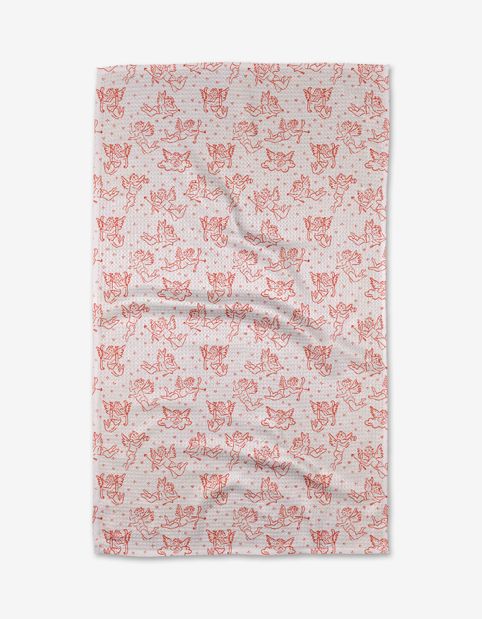 The Cupids My Valentine tea towel by Kayla Ann features playful red line-art cat illustrations in various poses on a plain white background.