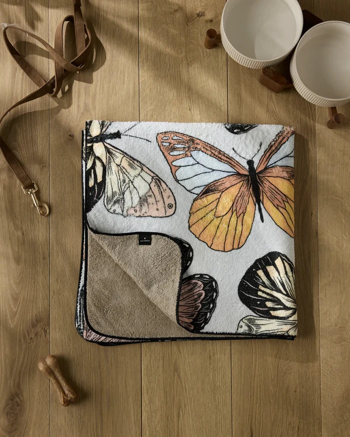 The Geometry 'Cute Butterflies' plush dog towel is folded on a wooden floor with its soft beige underside showing. Nearby are two white bowls, a brown leash, wooden blocks, and a small dog bone.