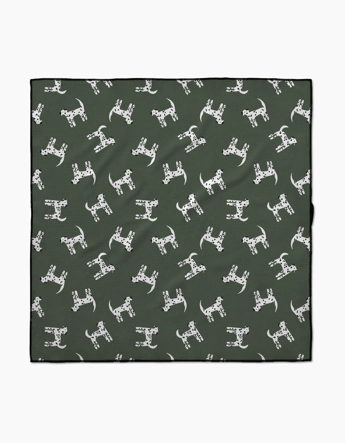 The Coit Creative Dalmation Dogs square green dog towel features a playful white Dalmatian pattern, is highly absorbent and quick drying—perfect for keeping your pup clean and dry.
