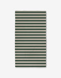 The GEOMETRY Deep Green Stripes Luxe Bath Towel, made from recycled materials and featuring horizontal dark green and beige stripes, is shown flat on a white background.