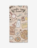 The Easter Egg Bread bar towel by Janna Sue Design features illustrated ingredients—flour, eggs, butter, milk, sugar—braided loaf steps, handwritten labels, and decorative text on durable Geoweave fabric.