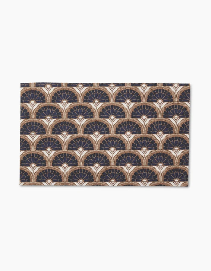 Eliza by Amy MacCready is a rectangular, eco-friendly textile featuring an Art Deco fan pattern in navy blue, gold, and white—an elegant alternative to paper towels.