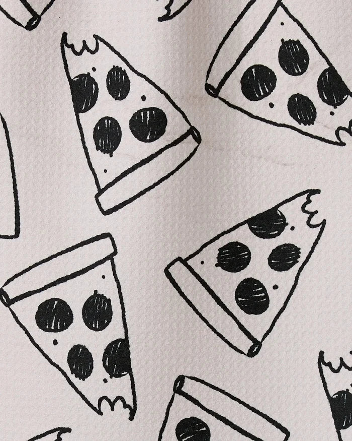 The Cole Strem Eternal Slice bar towel is made from recycled materials and showcases a black-and-white cartoon pizza slice pattern with three pepperoni toppings on a textured light background.