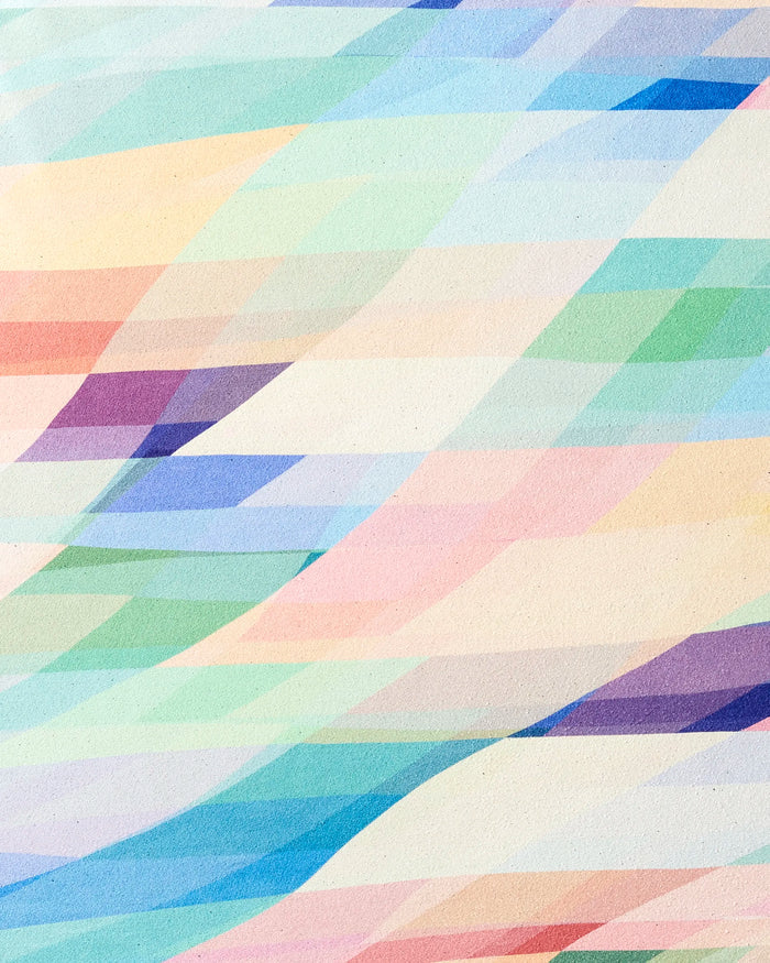 Eventide by Rachel Parker features an abstract geometric pattern with overlapping, angled shapes in pastel pink, blue, green, and peach. This artful design brings energy to your practice—perfect for a slip-resistant yoga towel.