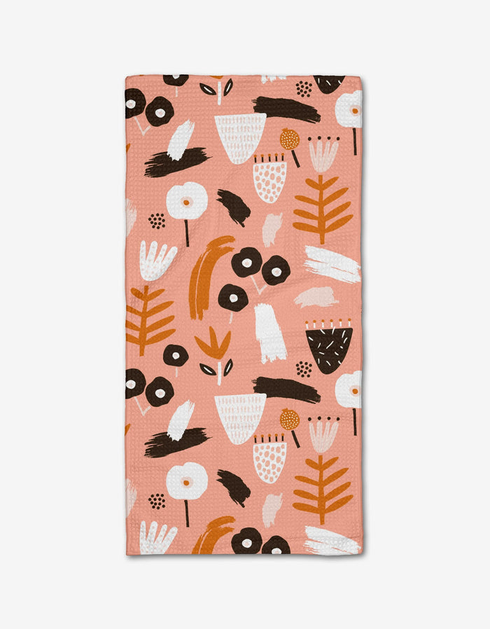 The Fall Flowerbed by Marina Solodka is a rectangular cloth napkin made from ultra-absorbent Geoweave fabric with a peach background and abstract floral pattern. Doubles as a bar towel.