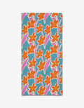The Fancy Flowers Bar Towel by Lizzie Clark features a vibrant floral pattern with orange and yellow flowers and pink-accented leaves on teal blue Geoweave fabric, offering ultra-absorbency and a cheerful, lively look.