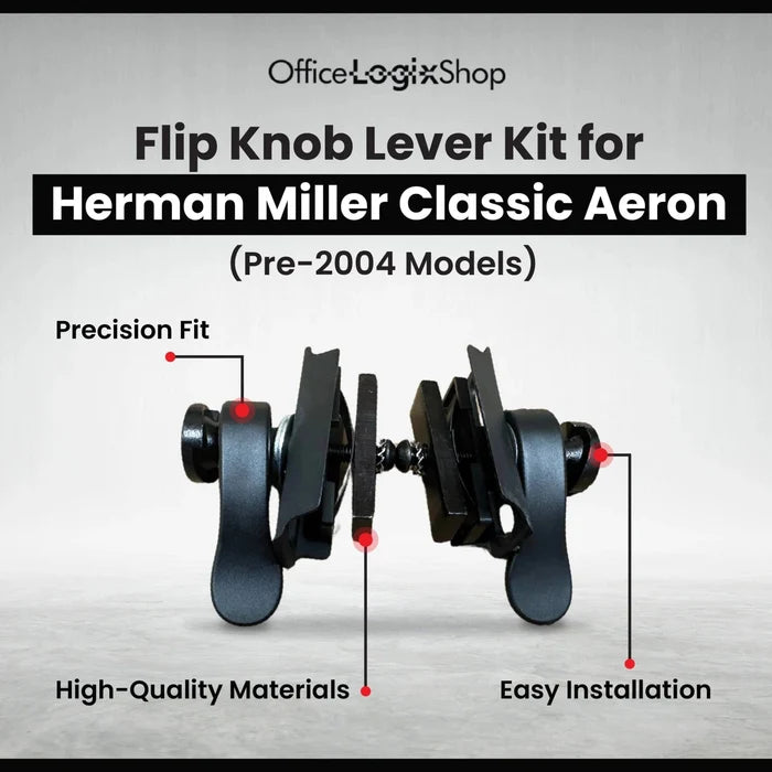 Flip knob lever kit for Herman Miller Classic Aeron office chair, pre-2004, precision fit, black, on display from Office Logix Shop.