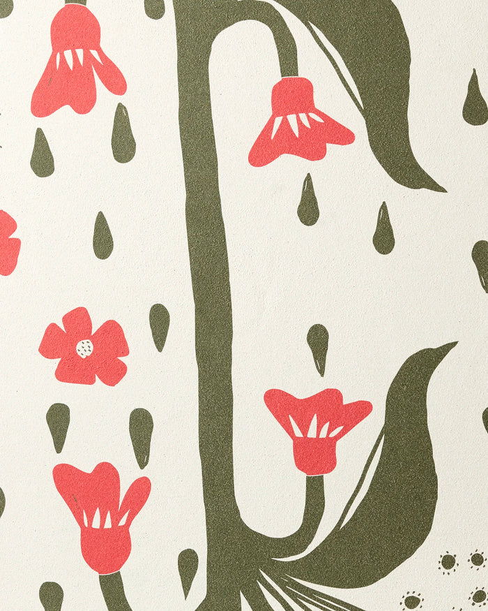 The Ash Cascade Flora Stamp features stylized pink flowers with green stems and leaves, surrounded by raindrop shapes on cream—a perfect recycled yoga towel for botanical style and graphic design lovers.
