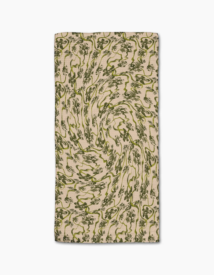 The Geometry Floral Swirls Green bar towel features swirling green floral patterns on beige Geoweave fabric, creating a dynamic look. The rectangular towel is shown lying flat on a white background.