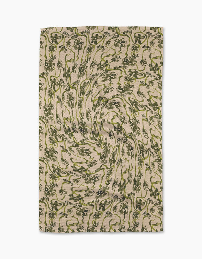 The Geometry Floral Swirls Green tea towel features a green and black abstract floral pattern with vortex-like swirls on soft Geoweave fabric.