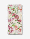 The Flowering Quince Bar Towel by Pascale Dilger features a floral pattern with pink and red flowers and green leaves on a light textured background, made from durable Geoweave fabric.