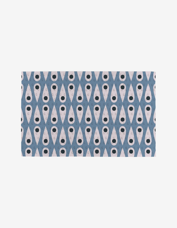 Forest Findings by Anette Heiberg features a repeating geometric pattern of blue X-shapes with white tear-drop centers and black dots on a light background—an eco-friendly alternative to Not Paper Towels.