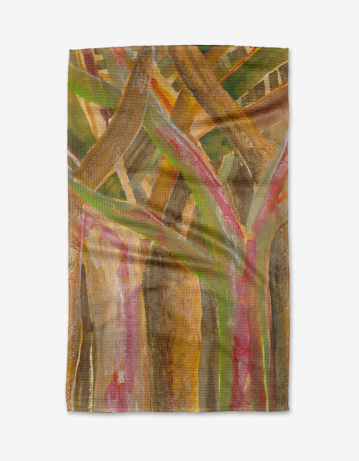 Forest of Trees by Taryn Brennan is an abstract painting with overlapping tree trunks and branches in earthy tones on a textured background, evoking forest patterns similar to those on eco-friendly Geometry Tea Towels.