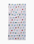 The Fresh Produce Geoweave cloth by Brittany Jepsen is a rectangular, ultra-absorbent white towel adorned with colorful, hand-painted flowers, leaves, and red fruits arranged in horizontal rows.