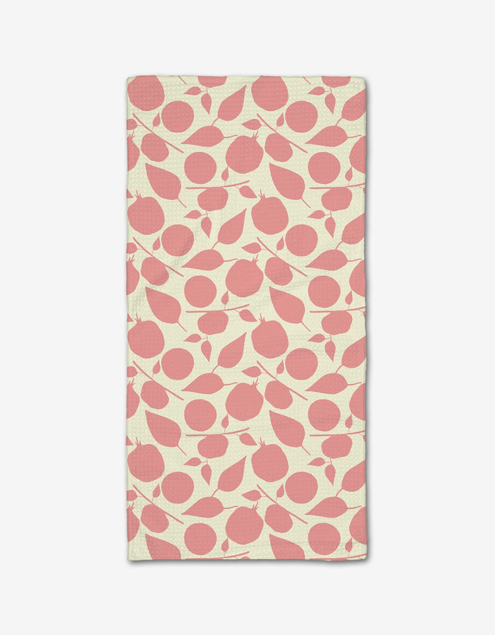 The Fruity Toss bar towel by Lizzie Clark is cream-colored and rectangular, with pink cherries and leaves in a diagonal pattern. Made from soft Geoweave fabric, it offers exceptional absorbency.
