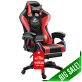 Red and black gaming chair with LED lights, massage lumbar support, armrests, and sale tag