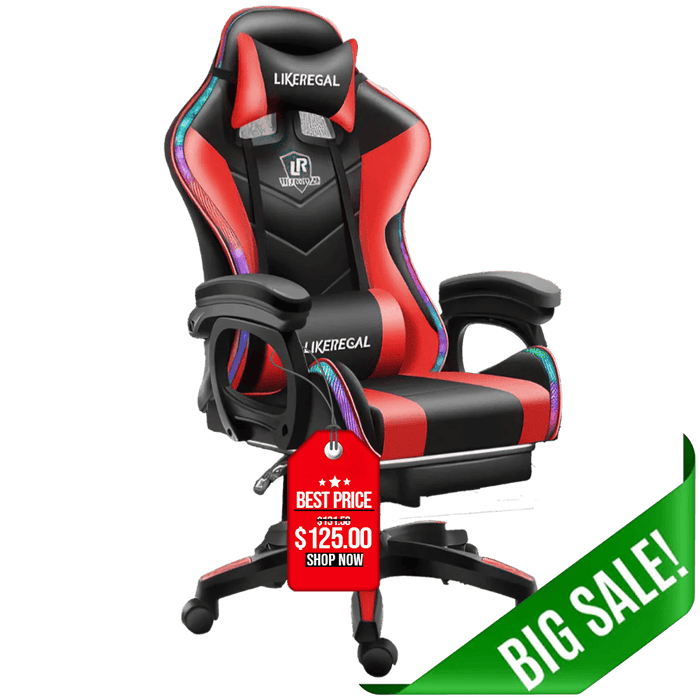 Red and black gaming chair with LED lights, massage lumbar support, armrests, and sale tag
