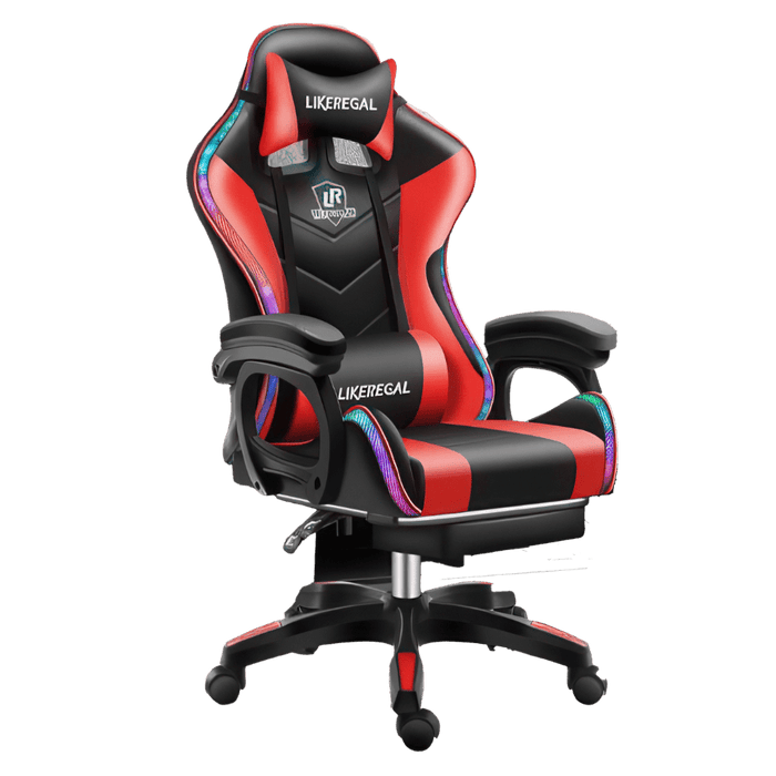 Red and black gaming chair with LED lights and massage lumbar support, ergonomic design