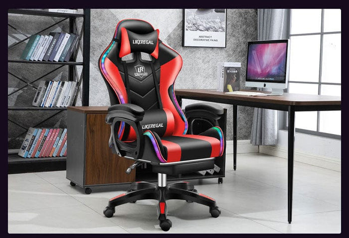 Red gaming chair with LED lights and massage lumbar support in modern office setting