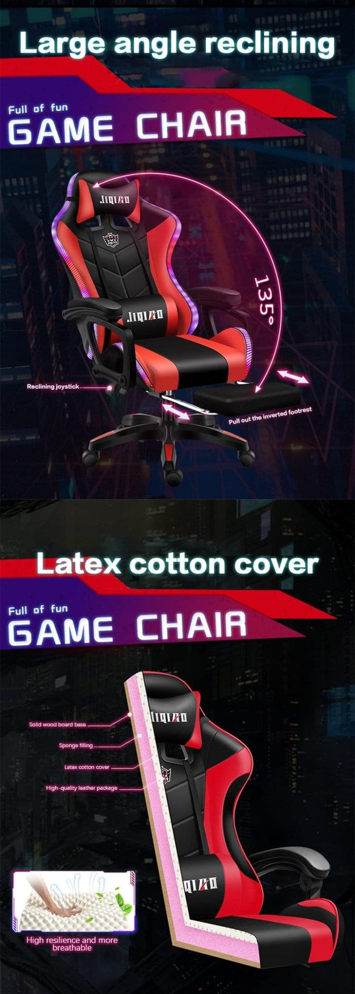 Ergonomic red and black gaming chair with reclining back, massage lumbar support, and latex cushion at Office Logix Shop