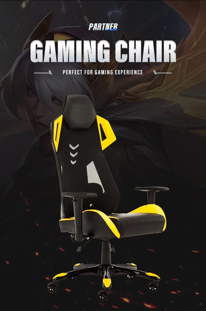 Ergonomic black and yellow gaming chair with mesh high back, adjustable arms, office setting