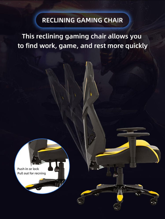 Yellow and black reclining gaming chair with adjustable armrests and mesh high back, Office Logix Shop
