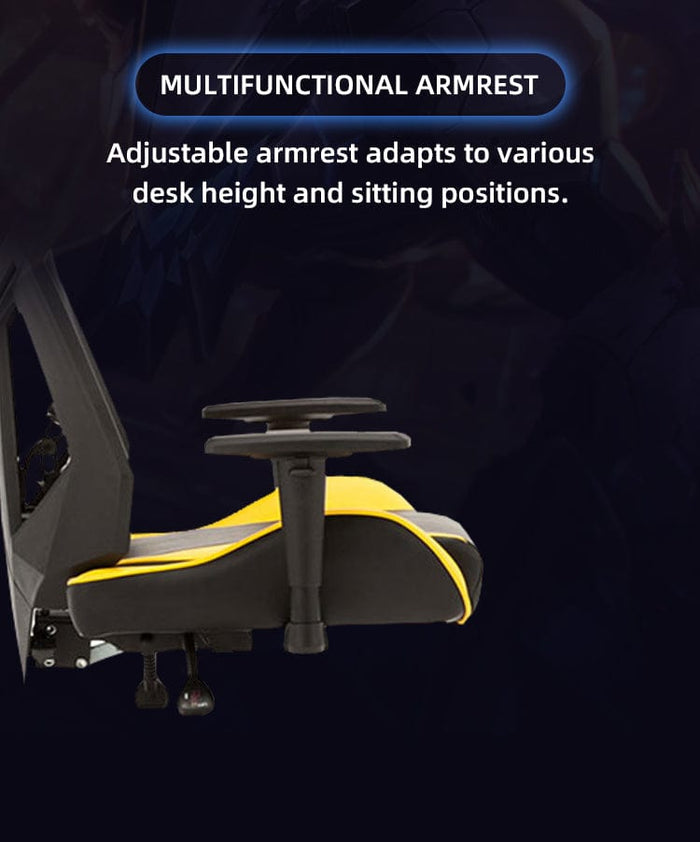 Office Logix ergonomic chair with yellow seat, adjustable multifunctional armrest highlighted