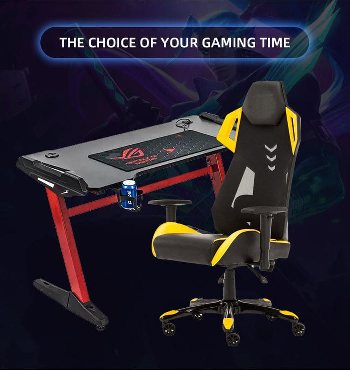 Black and yellow mesh gaming chair and modern desk setup for home office and gaming.