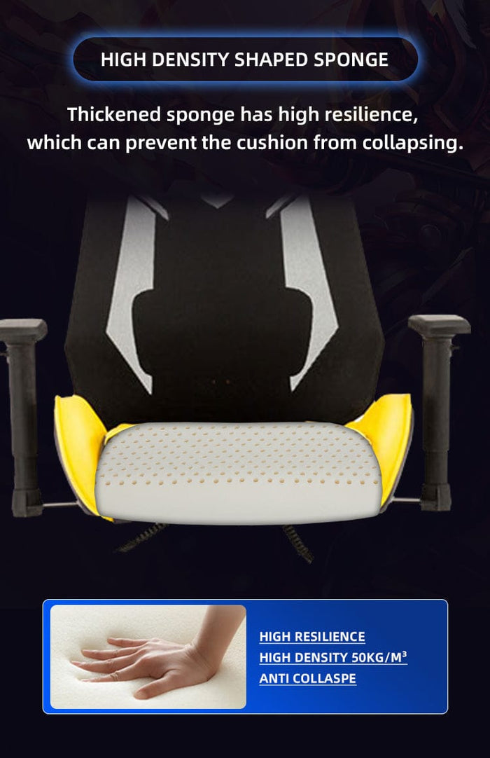 Office Logix Shop mesh high-back gaming chair with yellow cushion, high density shaped sponge highlights.
