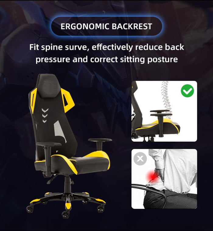 Ergonomic mesh high-back gaming chair in black and yellow, adjustable armrests, ideal for office use